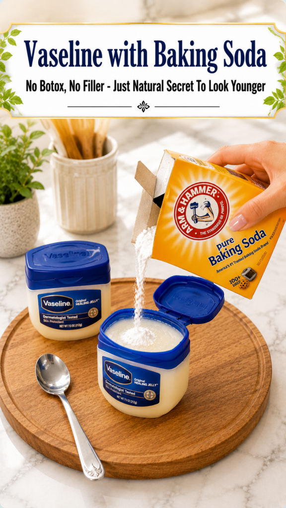 A hand pouring white baking soda from an Arm Hammer box into an open jar of Vaseline Original Healing Jelly on a wooden
