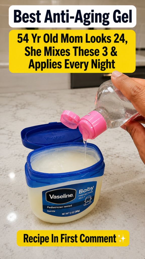 A hand pouring a clear liquid from a small bottle into a tub of Vaseline Baby Protecting Jelly on a light countertop