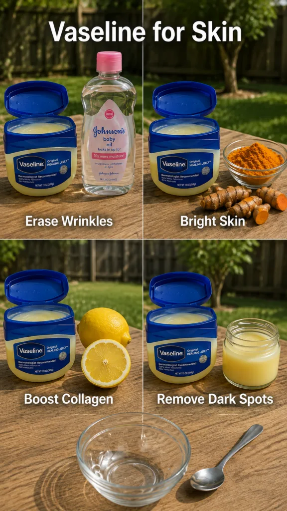 A multi-panel collage on a wooden surface showing various DIY Vaseline skincare applications with ingredients like turme