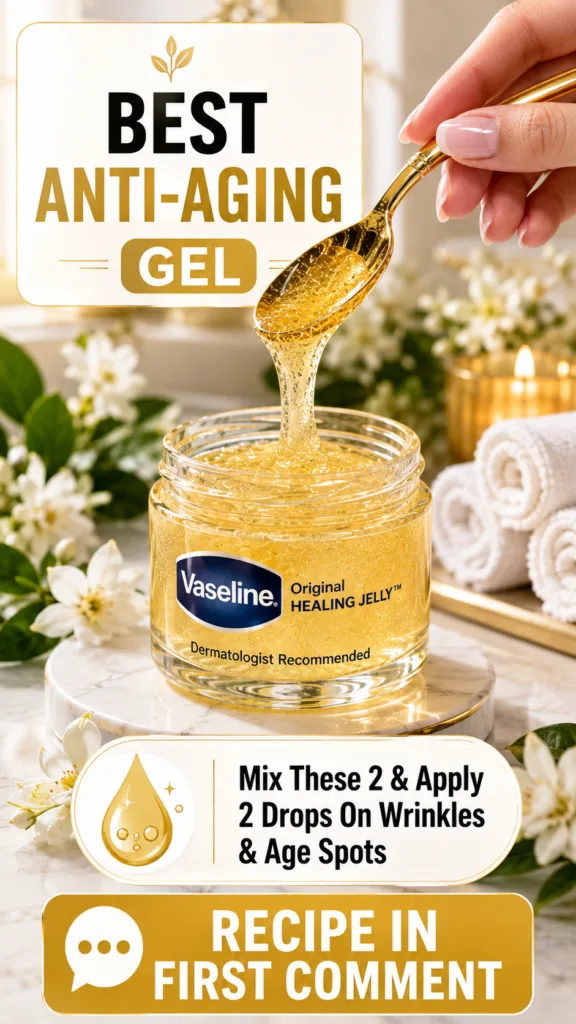 A hand pouring golden Vaseline jelly from a spoon into a jar surrounded by jasmine flowers green foliage white towels an
