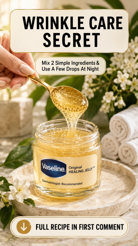 A hand holding a golden spoon scooping translucent shimmering golden jelly from a Vaseline jar White jasmine flowers and