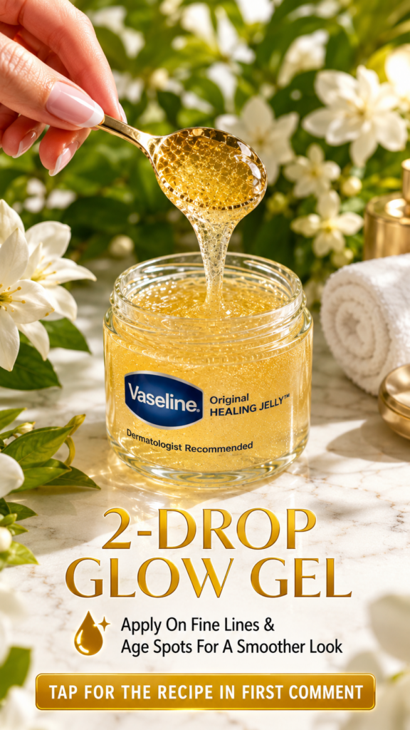 A hand holding a golden spoon from which a viscous golden Vaseline Healing Jelly is gently dripping into a glass jar of 