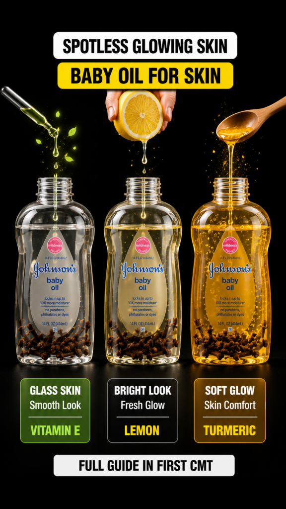 Three clear bottles of Johnson s Baby Oil each infused with natural ingredients Vitamin E Lemon and Turmeric with corres