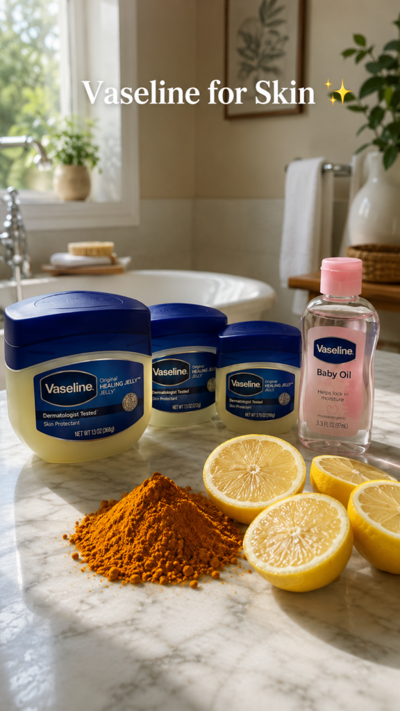 Vaseline healing jelly and baby oil turmeric powder and cut lemons arranged on a bright marble countertop with natural l