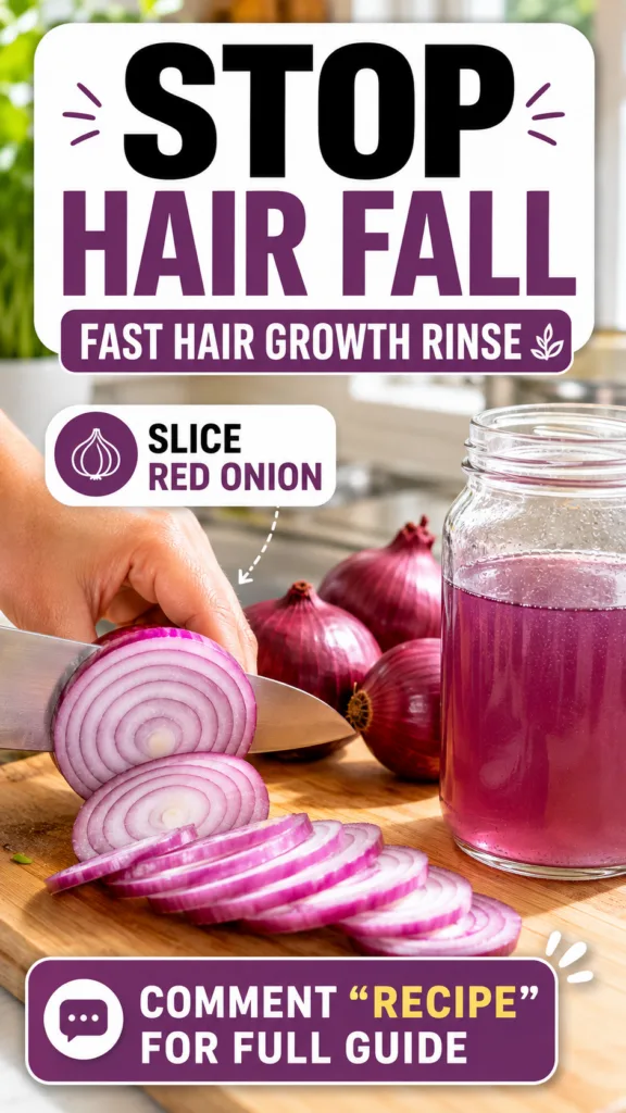 Close-up of hands slicing a red onion on a wooden cutting board with whole red onions and a jar of purple liquid in the 