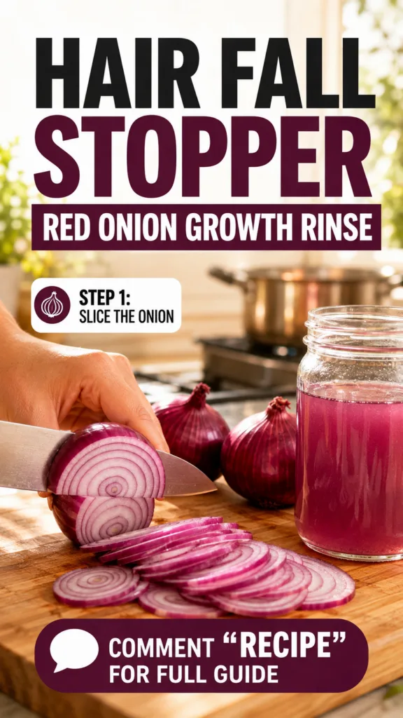 A close-up of a kitchen scene showing red onions being sliced on a wooden cutting board with a glass jar of purple liqui