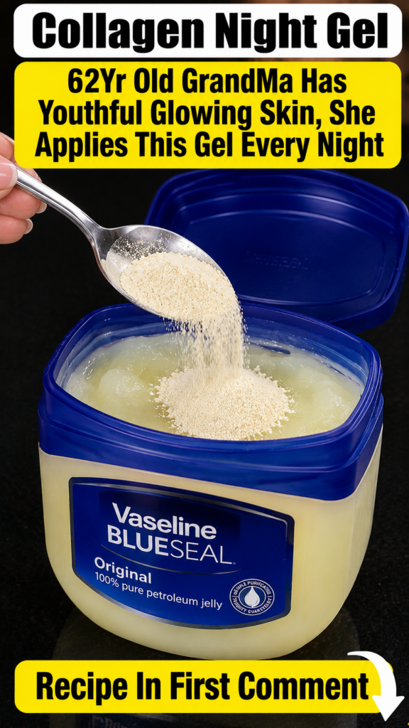 A hand mixing fine light-colored rice powder into a tub of Vaseline petroleum jelly with a metal spatula