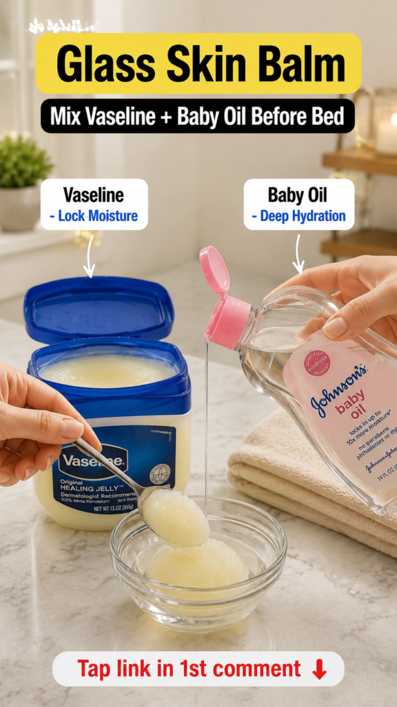Close-up of hands mixing Vaseline and Johnson s Baby Oil in a clear glass bowl on a kitchen counter One hand holds a spo