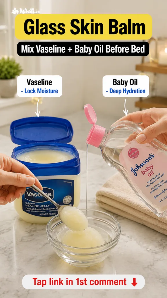 Close-up of hands mixing Vaseline and Johnson s Baby Oil in a clear glass bowl on a kitchen counter One hand holds a spo