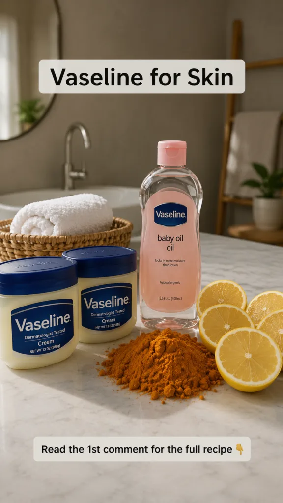 A beautiful flat lay of skincare ingredients including two jars of Vaseline a bottle of Vaseline baby oil a pile of brig
