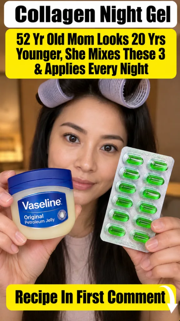 A woman preparing a homemade beauty mixture of Vaseline and Vitamin E oil with a spoon dripping yellow liquid into a gla