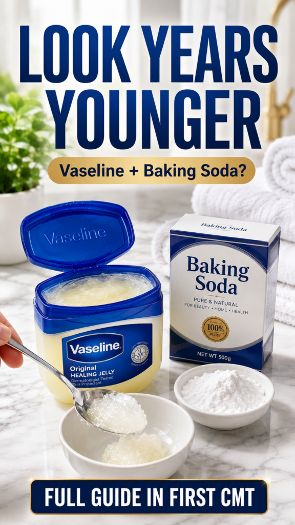 A hand using a spoon to scoop Vaseline from a jar into a small bowl with a box of baking soda and another bowl of baking