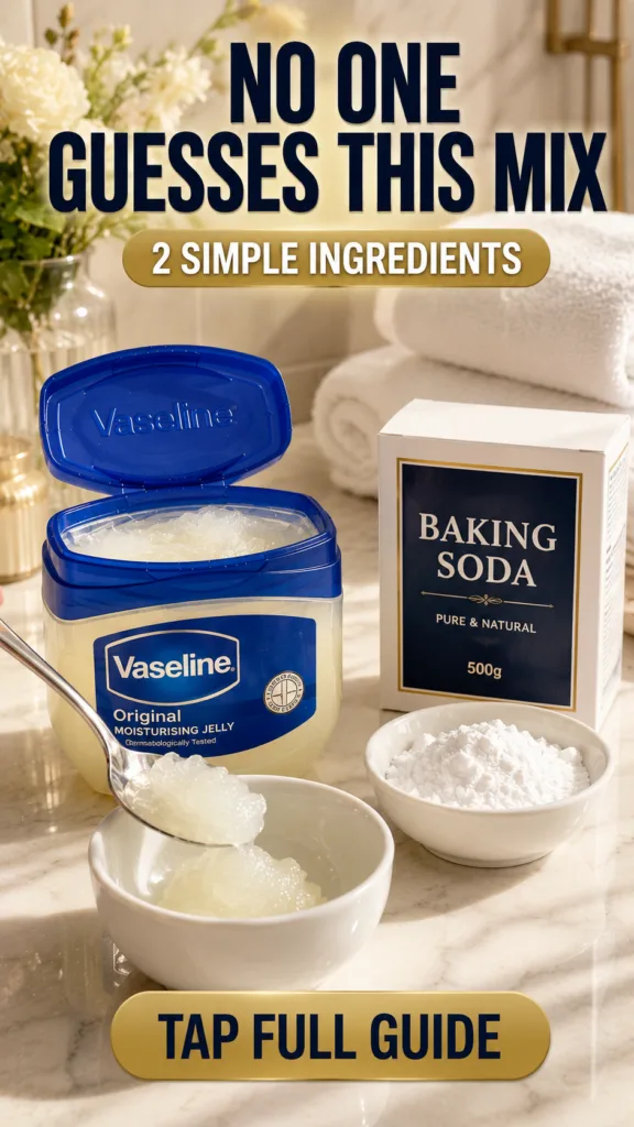 A well-lit setup on a marble surface displaying a tub of Vaseline Original Moisturising Jelly and a box of Baking Soda A