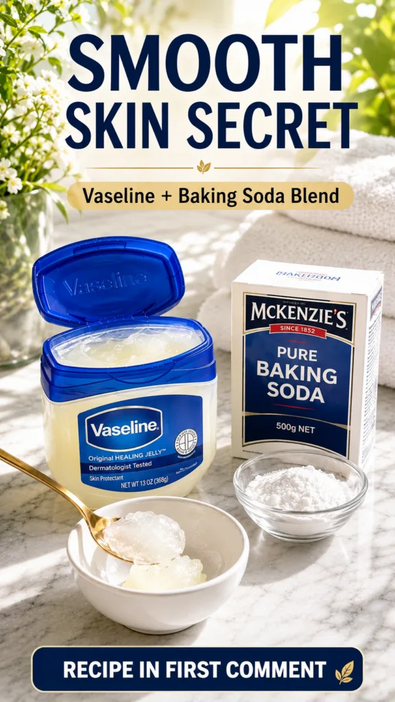 A clean flat lay showing an open jar of Vaseline Original Healing Jelly a box of McKenzie s Pure Baking Soda and small b