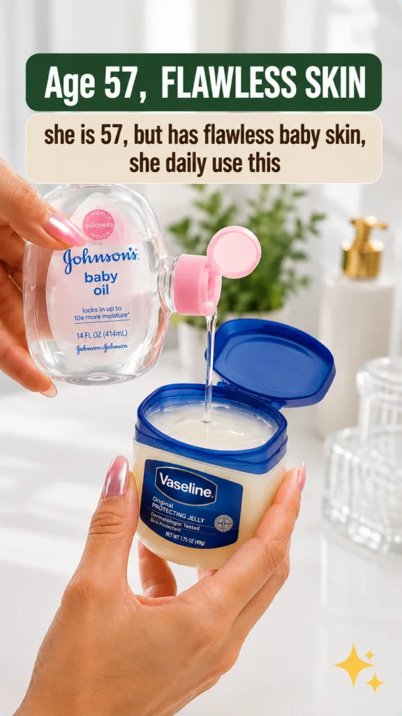 Hands mixing Johnson s baby oil and Vaseline in the palm ready for application to the face