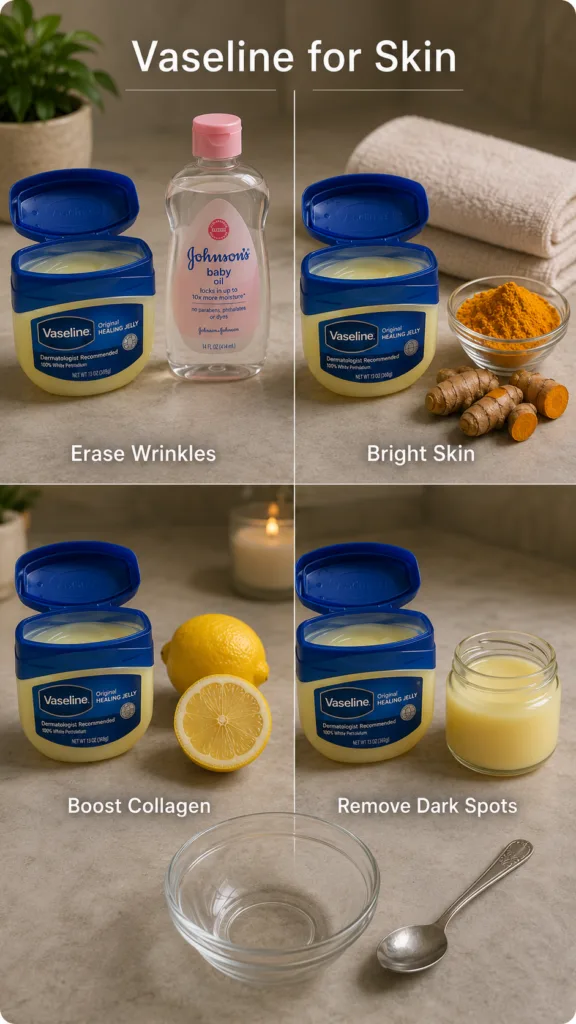A four-panel grid showing various DIY skincare uses for Vaseline combined with ingredients like lemon turmeric and baby 