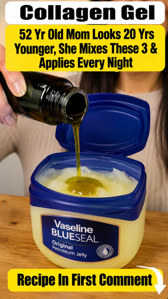 A hand using a wooden spoon to scoop a thick yellow gelatinous substance from a clear glass bowl with Vaseline and a can