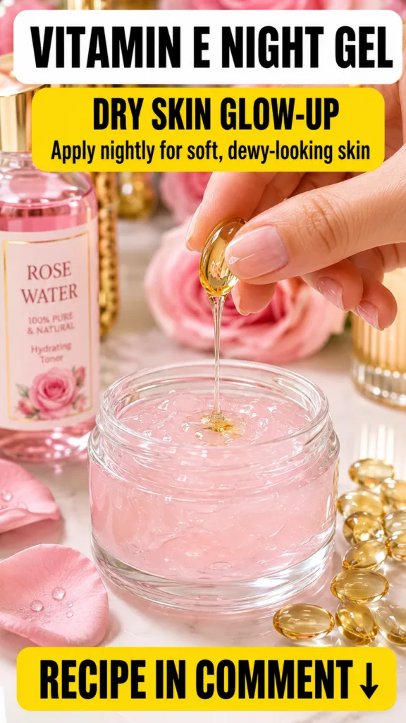 A hand is dripping liquid from a golden capsule into a jar of pink gel surrounded by rose water rose petals and scattere