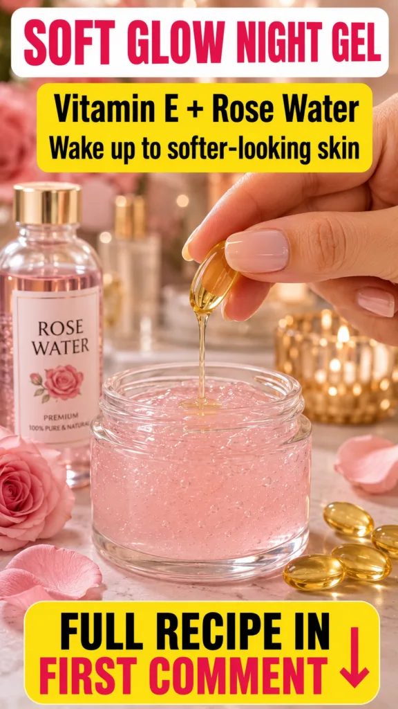A hand squeezing a Vitamin E capsule letting its oil drip into a jar of pink gel-like substance Surrounding items includ