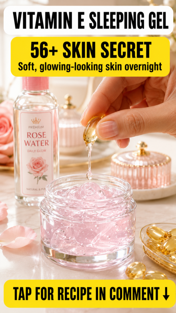 A hand squeezing a vitamin E capsule letting a drop of golden oil fall into a jar of pink translucent gel In the backgro