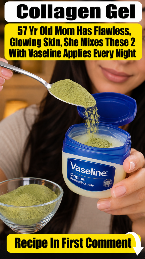 Close-up of hands mixing green moringa powder into a jar of Vaseline with a small whisk with a glass bowl of green powde