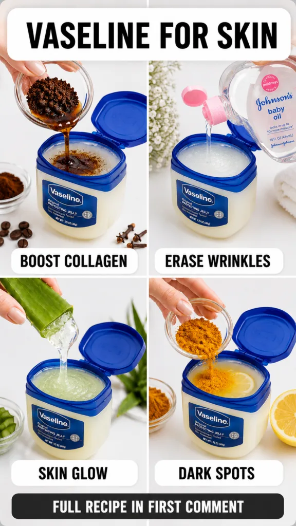 A 2x2 grid showing four hands mixing different natural ingredients coffee baby oil aloe vera turmeric into small jars of