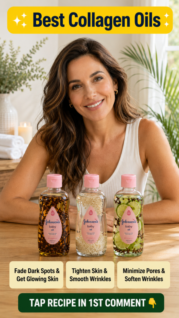 A smiling woman with wavy brown hair wearing a white tank top stands behind a table In front of her are three customized