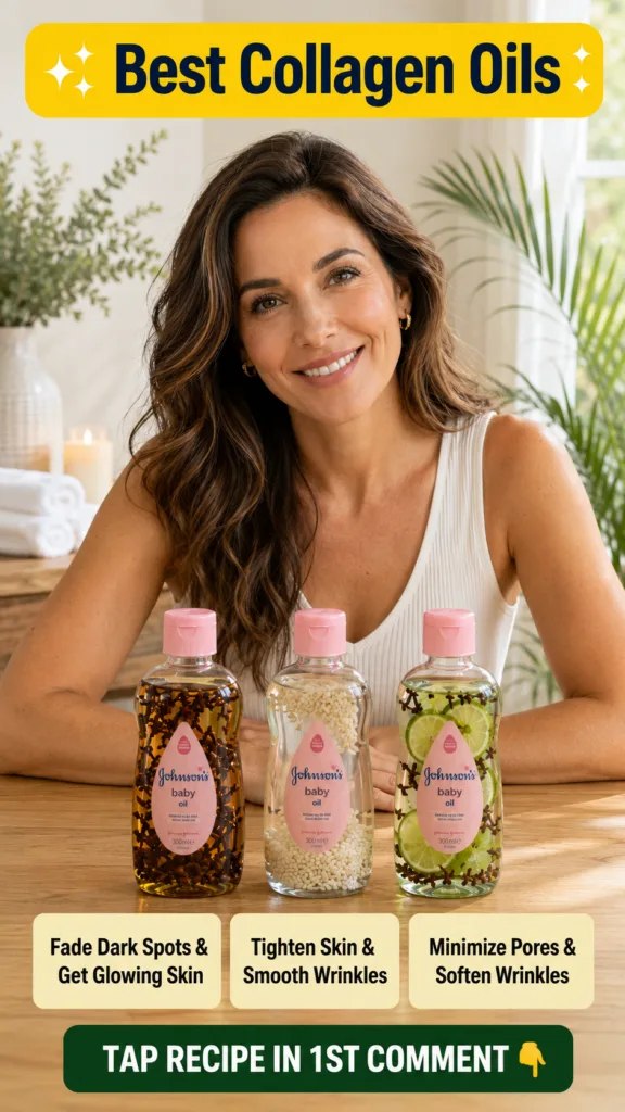 A smiling woman with wavy brown hair wearing a white tank top stands behind a table In front of her are three customized
