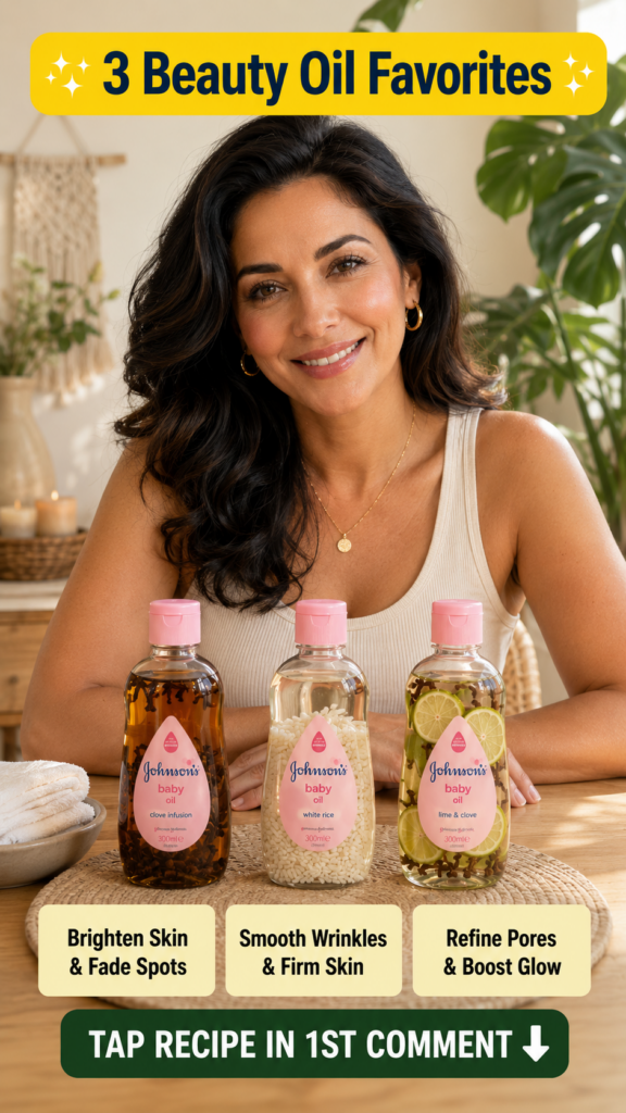 A smiling woman behind three bottles of Johnson s baby oil infused with cloves white rice and lime slices with cloves re