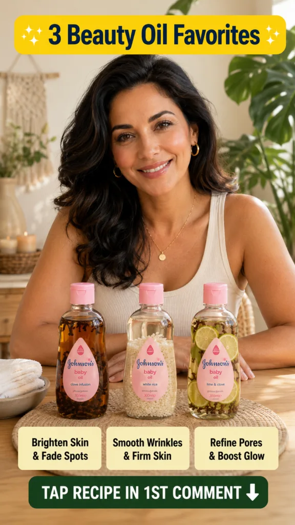 A smiling woman behind three bottles of Johnson s baby oil infused with cloves white rice and lime slices with cloves re