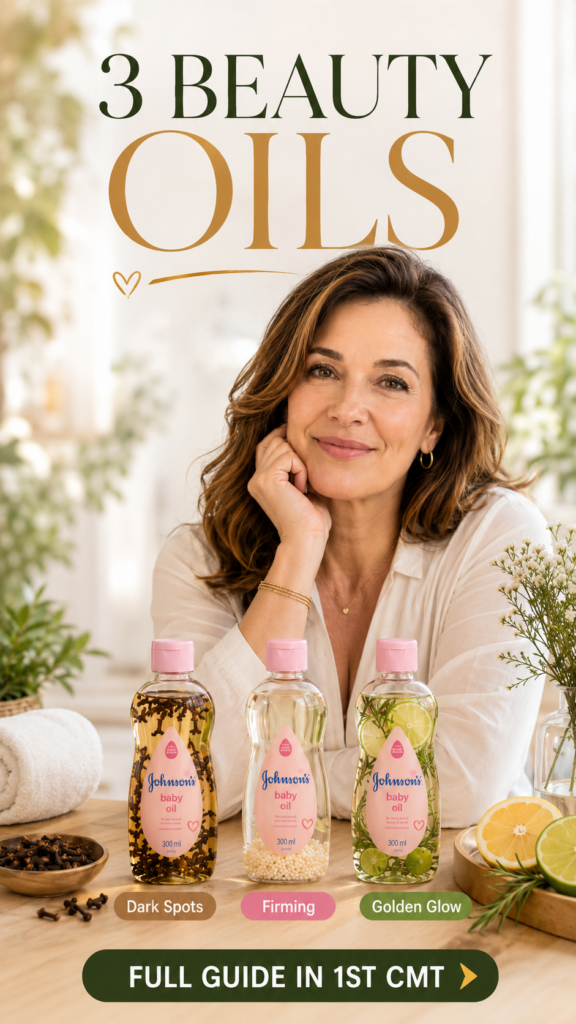 A smiling woman looking at the camera with three bottles of infused Johnson s baby oil in the foreground One bottle cont