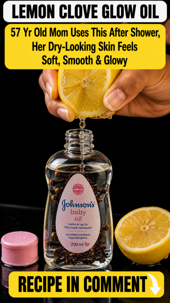 A hand pouring Johnson s baby oil into a clear glass jar containing lemon slices and whole cloves A half-cut lemon and l