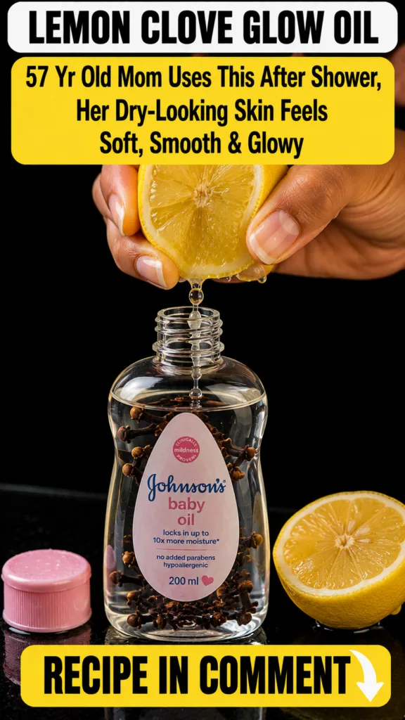 A hand pouring Johnson s baby oil into a clear glass jar containing lemon slices and whole cloves A half-cut lemon and l