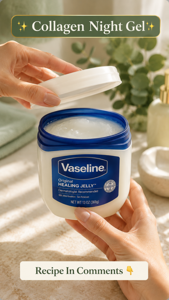 Hands holding an open jar of Vaseline with the lid being lifted and a blurred background of green foliage and bathroom i