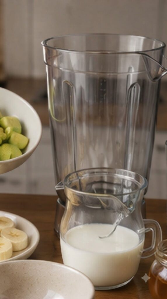 A vibrant green thick and creamy avocado banana smoothie poured into a clear glass with a transparent straw set on a woo