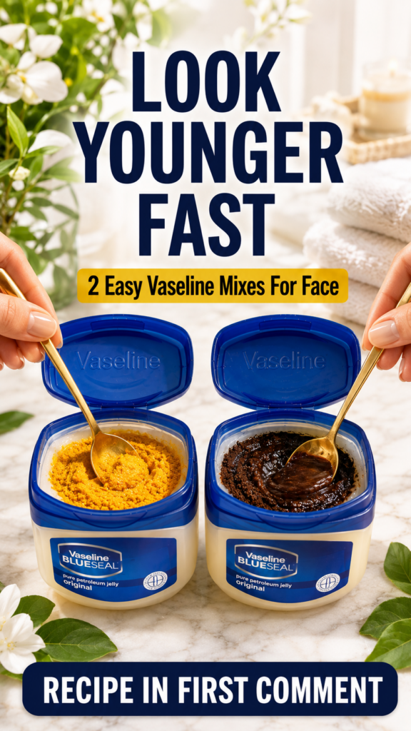 Two open tubs of Vaseline BlueSeal each containing a homemade facial mix one yellow orange one dark brown Hands holding 