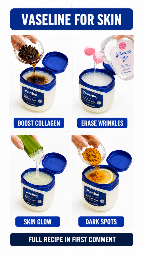 A 2x2 grid image showing four different DIY Vaseline recipes with hands adding ingredients Top left coffee mixture for c