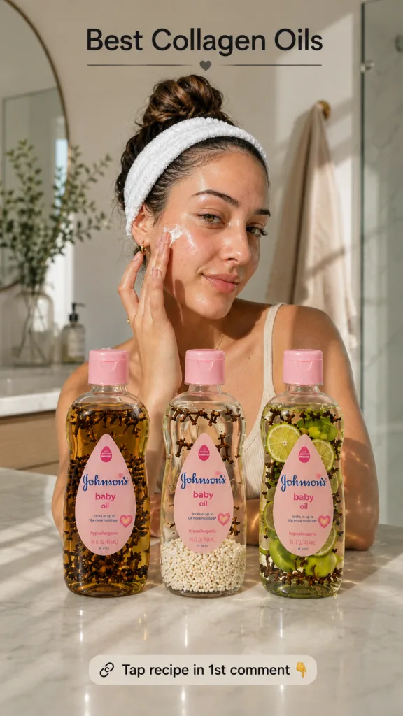 A woman applying a skincare product to her face with three custom-infused Johnson s Baby Oil bottles in the foreground o