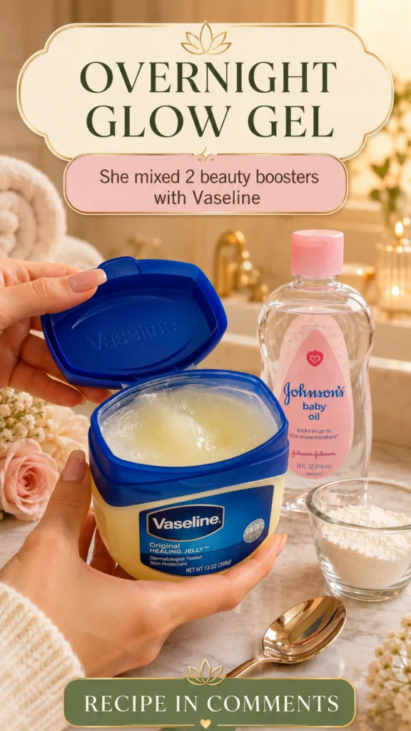 Ingredients for an overnight glow gel laid out on a bathroom counter A jar of Vaseline a bottle of Johnson s Baby Oil a 