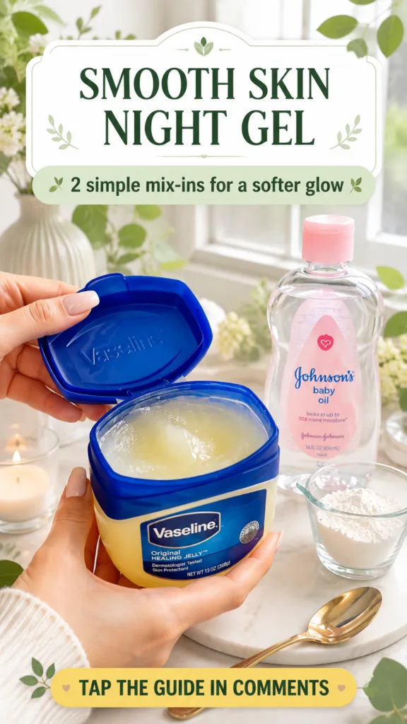 A close-up well-lit flat lay of hands holding an open jar of Vaseline Original Healing Jelly Next to it are a bottle of 