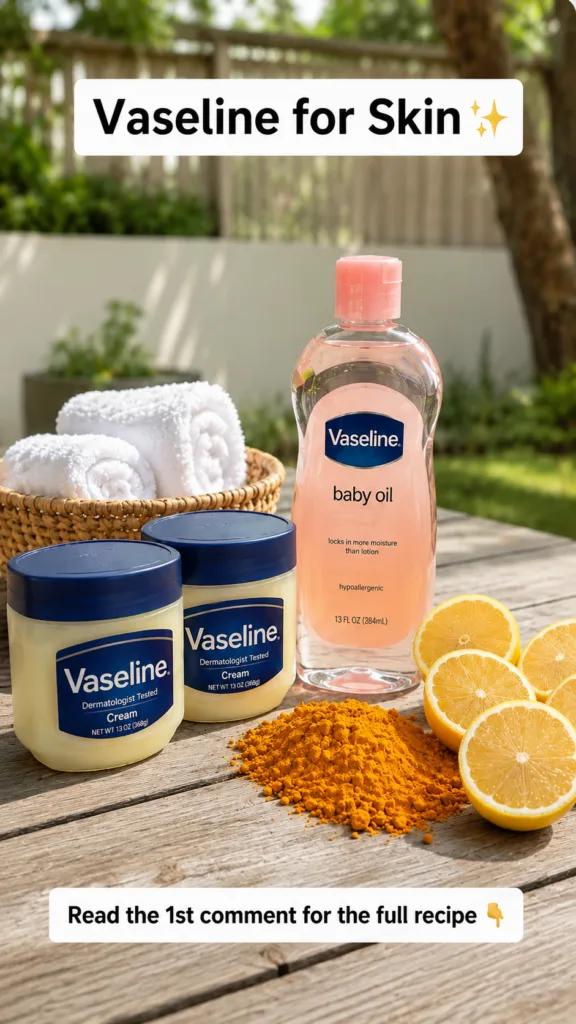 A collection of Vaseline skincare products two jars of cream and one bottle of baby oil arranged on a rustic wooden tabl