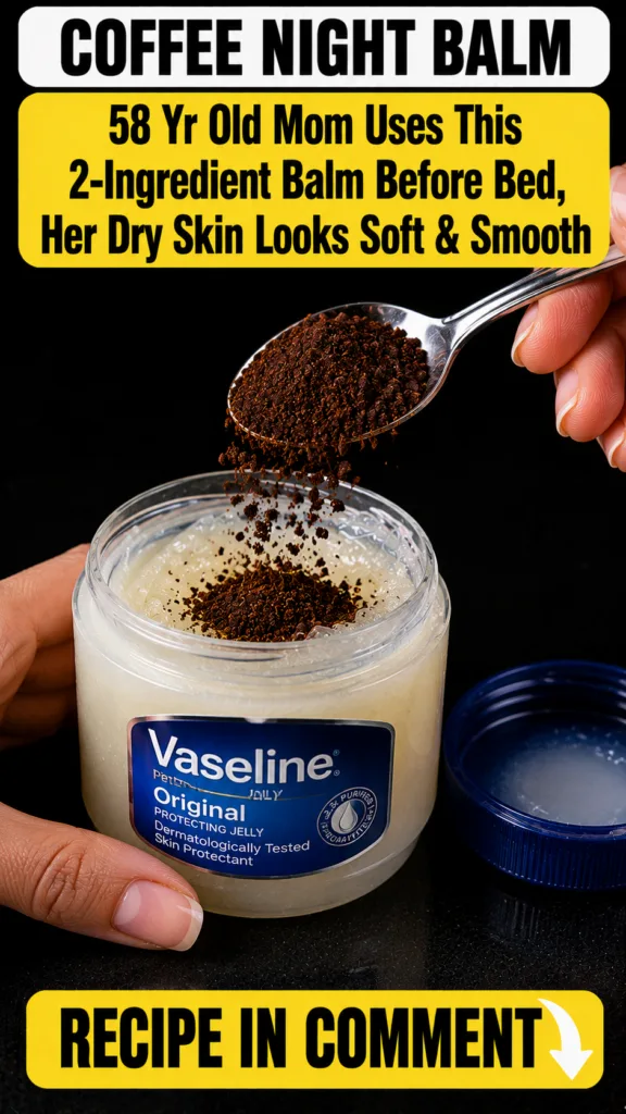 A person s hands holding an open jar of homemade coffee balm made from Vaseline and coffee grounds with a spoon inside A