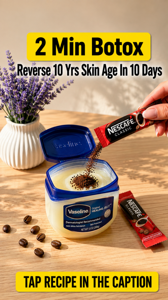 A hand gently pouring coffee grounds from a sachet into an open tub of Vaseline Healing Jelly with lavender flowers and 