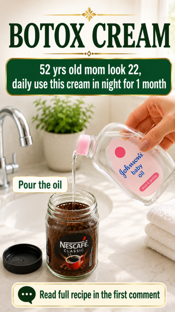 A hand pouring baby oil from a clear bottle into a glass jar filled with coffee granules on a bright bathroom counter wi
