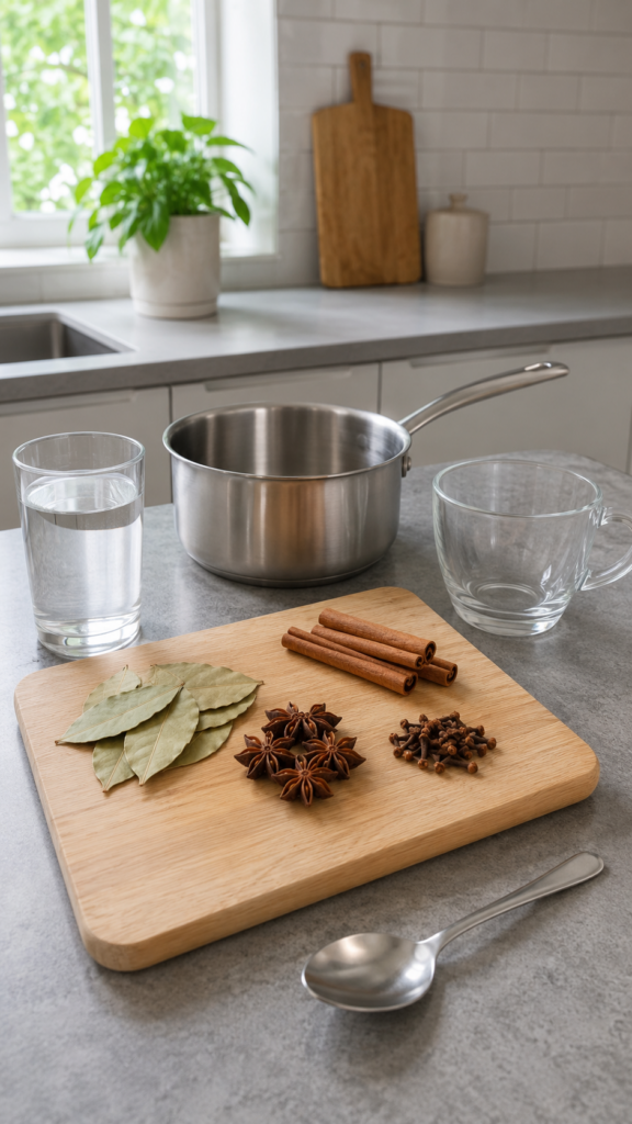 A transparent glass teacup filled with warm golden-amber herbal tea with dried bay leaves whole star anise and cinnamon 