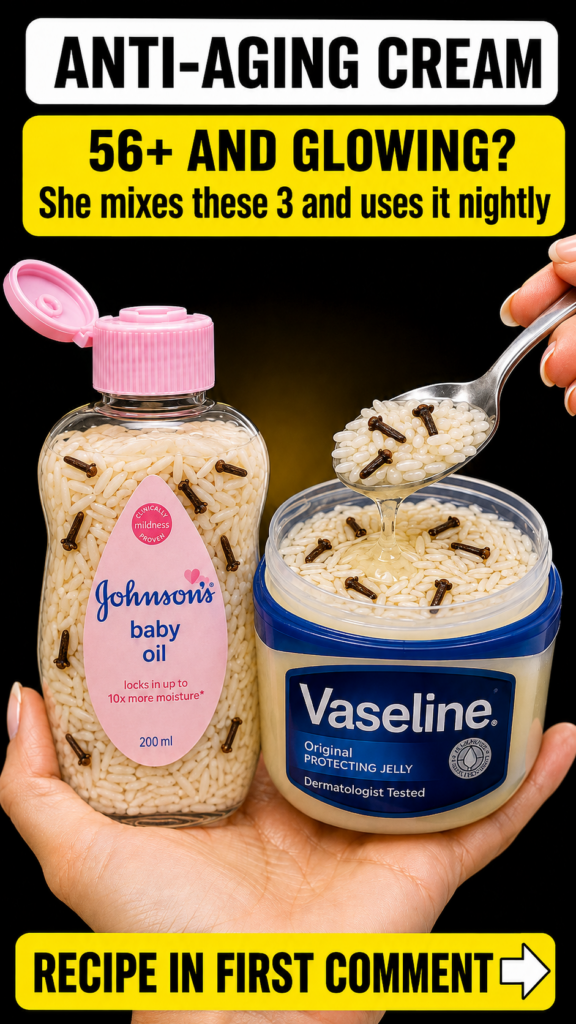 A hand holding a bottle of Johnson s Baby Oil and a jar of Vaseline Original Protecting Jelly both filled with tiny whit