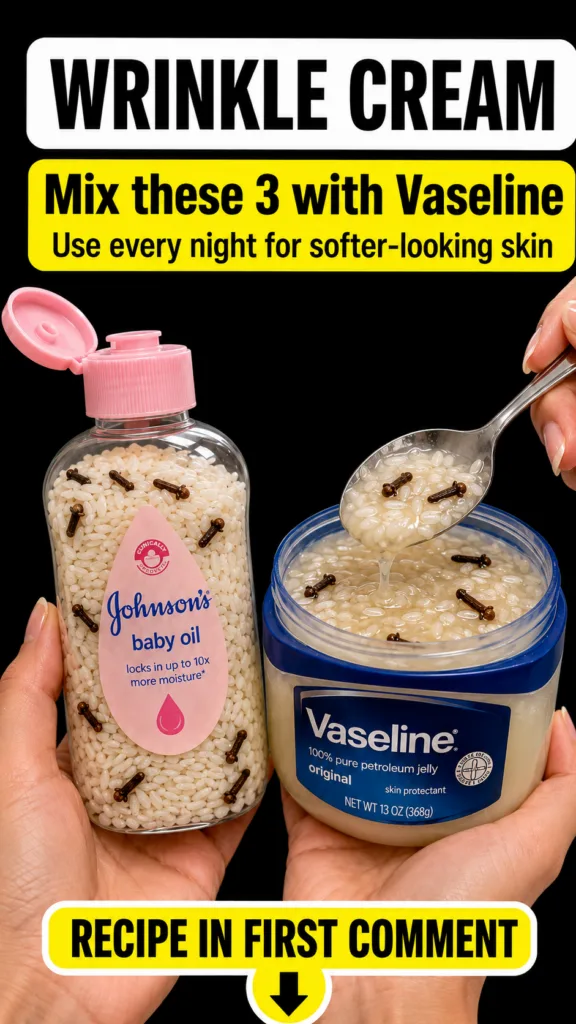 Two hands holding a bottle of Johnson s baby oil and a jar of Vaseline both filled with rice grains and cloves A spoon s