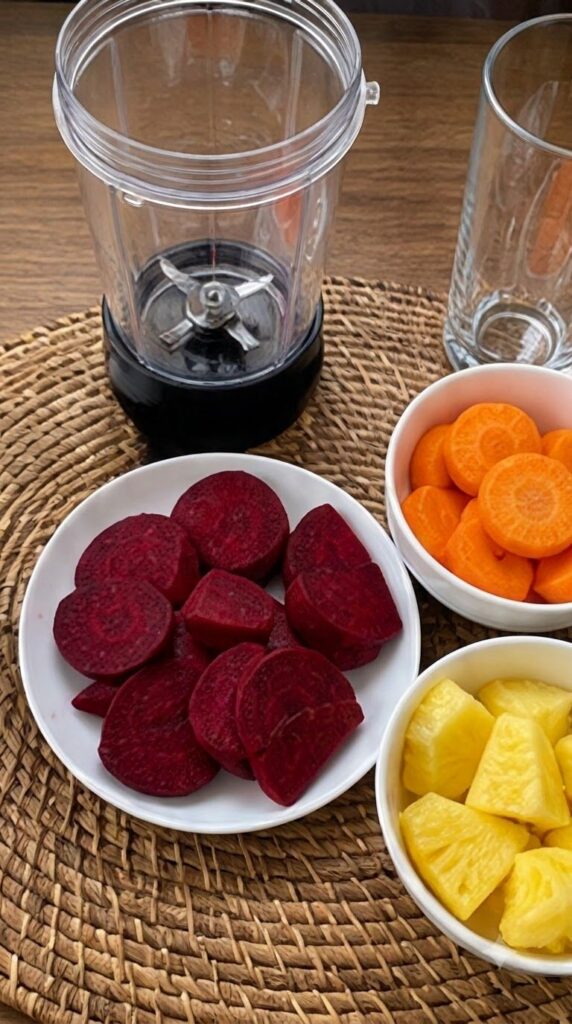 A tall clear glass filled with a vibrant thick pink-red Beetroot Carrot Pineapple Juice with fresh beetroot carrot and p