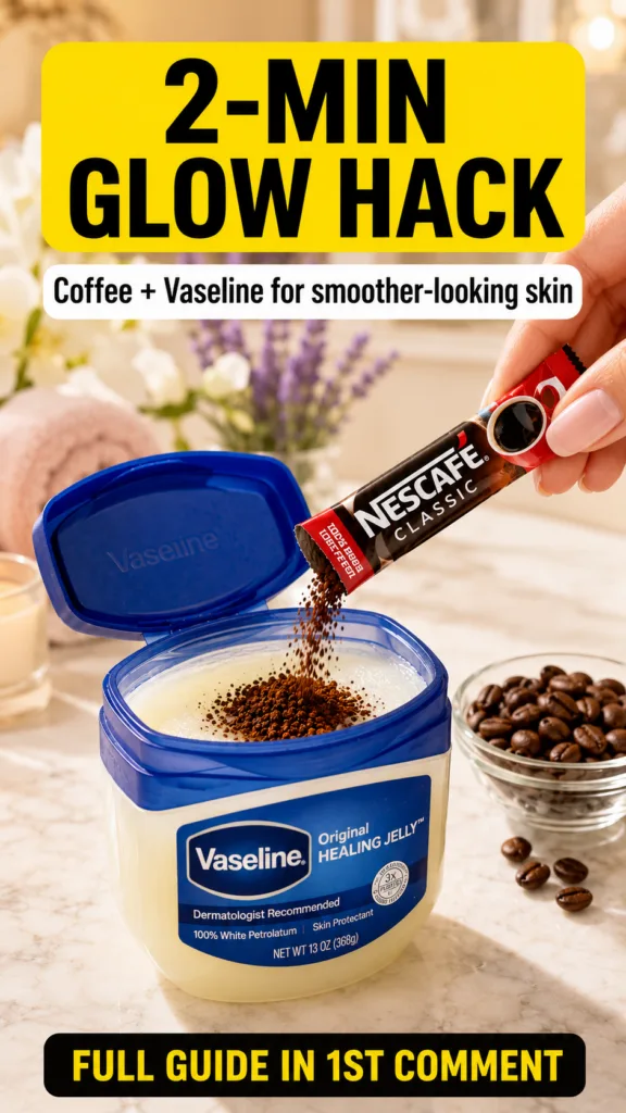 A hand pouring instant coffee granules from a sachet into a container of Vaseline Original Healing Jelly A small bowl of