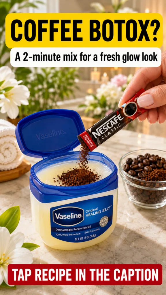A hand pouring instant coffee granules from a sachet into an open container of Vaseline with a small bowl of coffee bean